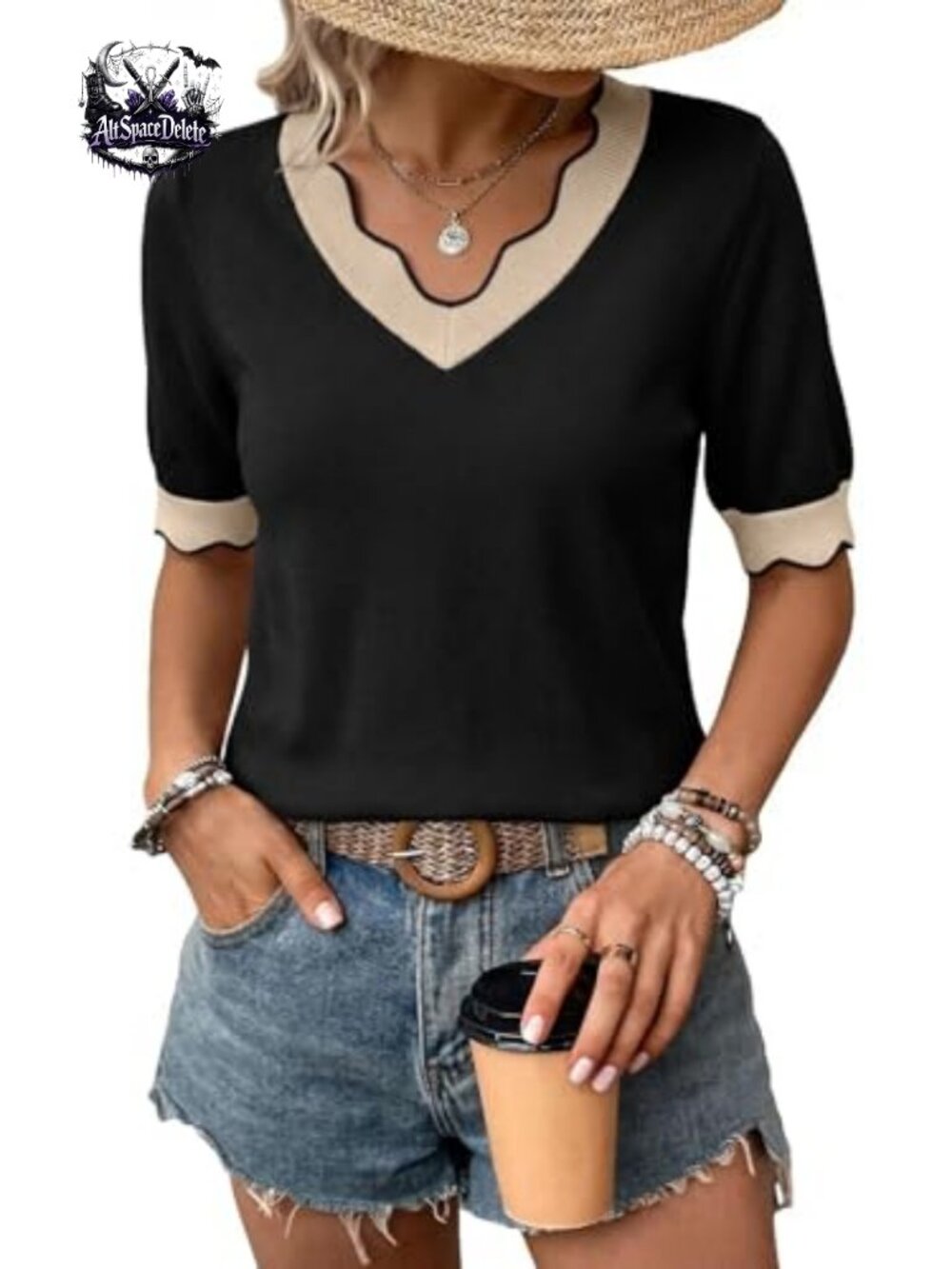 Dokotoo Women's V Neck Short Sleeve Sweater Pullover Scalloped Hem Knit Top
